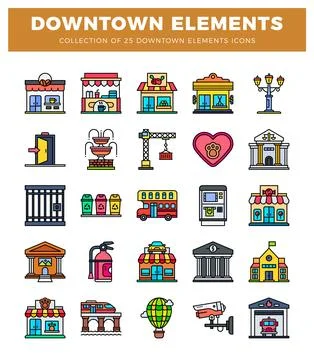 Downtown elements icons in flat design. urban cityscape with buildings and .. Stockillustratie