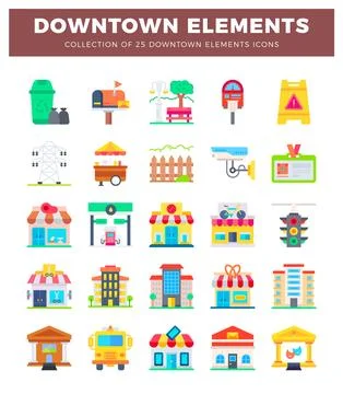 Downtown elements icons. flat design. 스톡 일러스트