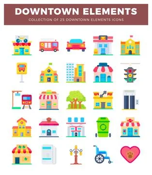 Downtown elements icons. flat design. white background Stock Illustration