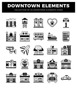 Downtown elements. icons. flat design. black and white 스톡 일러스트