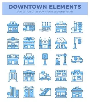 Downtown elements icons in a flat. stylized design Stock Illustration