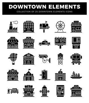 Downtown elements icons in a grid layout with a title Stock Illustration