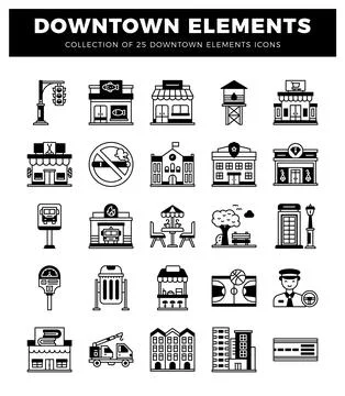 Downtown elements icons in a grid layout. featuring buildings and urban inf.. Stock Illustration