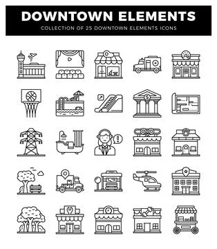 Downtown Elements Icons Stock Illustration