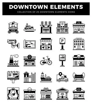 Downtown Elements Icons Stock Illustration