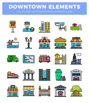 Downtown Elements Icons Stock Illustration