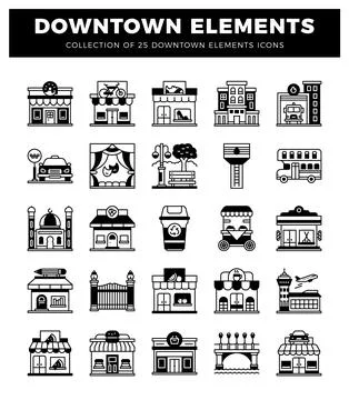 Downtown Elements Icons Illustrazione stock