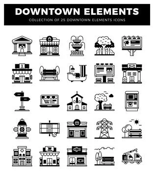 Downtown Elements Icons Stock Illustration