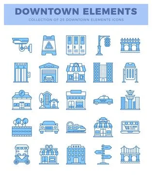 Downtown elements icons. including buildings. traffic. and public services... Illustrazione stock