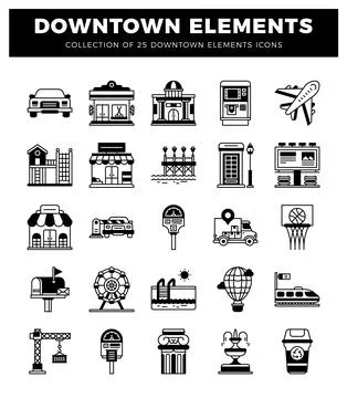 Downtown elements icons including buildings. vehicles. and amenities. イラスト素材