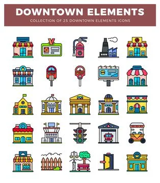 Downtown elements icons including buildings. traffic lights. and fire hydrant イラスト素材