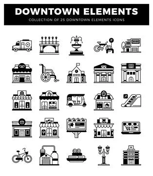 Downtown elements icons. including buildings. transport. and amenities イラスト素材