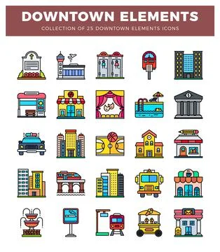 Downtown elements icons. including buildings. transportation. and public sp.. イラスト素材