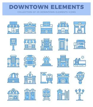 Downtown elements icons. including buildings and transportation in blue out.. Stock Illustration