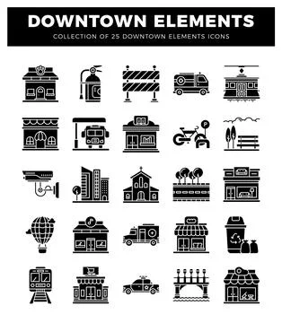 Downtown elements icons including buildings and transportation Stock Illustration