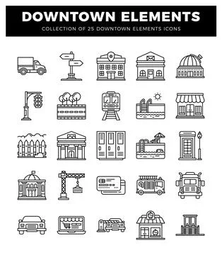 Downtown elements icons including buildings. transportation. Illustrazione stock