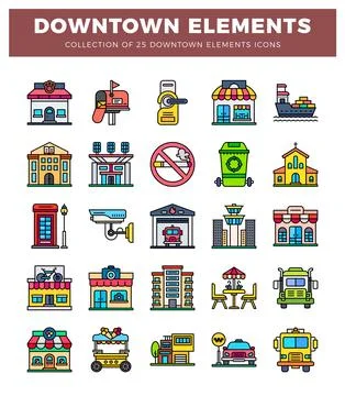 Downtown elements icons including buildings. vehicles. and street furniture イラスト素材