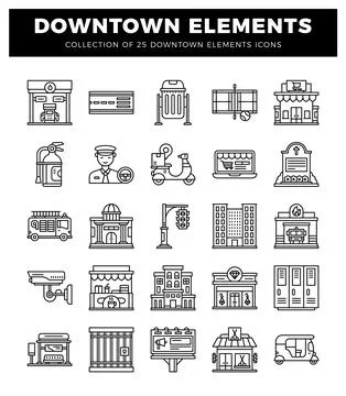 Downtown elements icons. including gas station and security camera. Stockillustratie