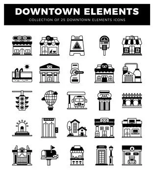 Downtown elements icons including shops. a bus stop. and traffic lights. ve.. 库存插图