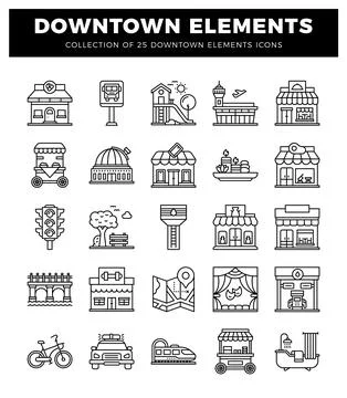 Downtown Elements icons. line art style. featuring buildings. transportatio.. Stock Illustration
