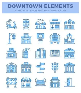 Downtown elements icons presented in a grid layout with blue outlines on a .. イラスト素材