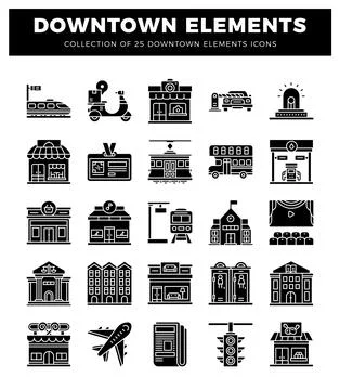 Downtown elements icons. presented on a white background. Illustrazione stock