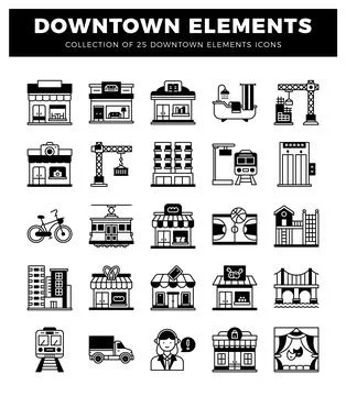 Downtown elements icons. representing buildings. transport. Stock Illustration