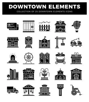 Downtown elements icons. set of 25 vector icons. Collection of building and.. 스톡 일러스트