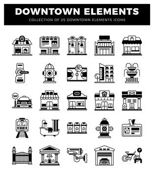 Downtown elements icons set with city buildings and street objects Stock Illustration