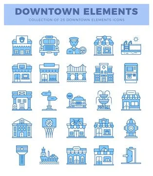 Downtown elements icons set featuring urban cityscape buildings and transpo.. Ilustración de archivo