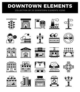 Downtown Elements Icons Set with Urban City Icons Stock Illustration