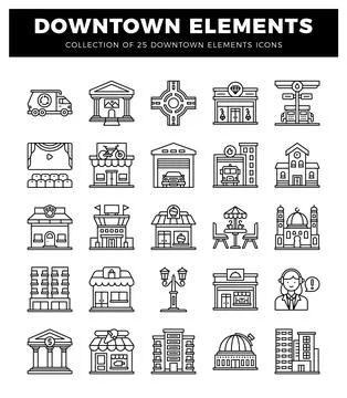Downtown Elements Icons Set Urban Line Art Vector Icons 스톡 일러스트