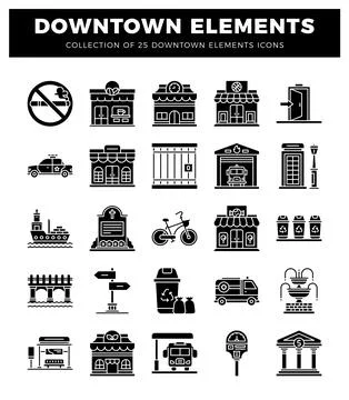 Downtown elements icons set with urban symbols and buildings. city icons. c.. Stock Illustration