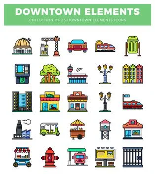 Downtown elements icons showing urban city structures. transportation. and .. 스톡 일러스트