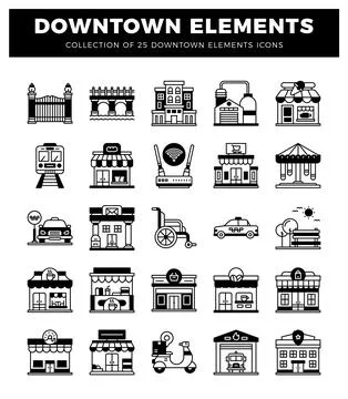 Downtown Elements Icons with Various City Buildings and Transportation Stock Illustration