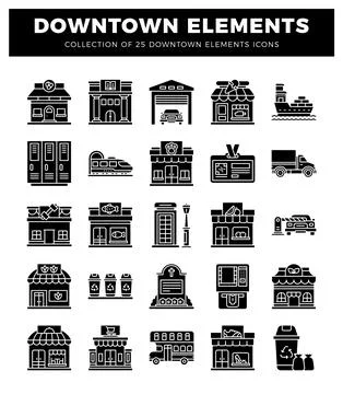 Downtown elements icons with various city buildings and transport. Vector g.. Illustrazione stock