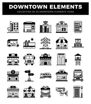 Downtown elements icons on a white background. Stock Illustration