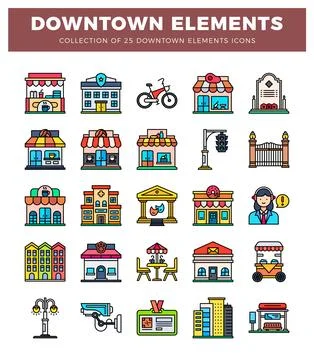 Downtown elements icons on white background Illustrazione stock
