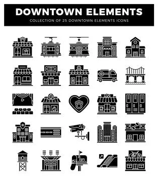 Downtown elements icons on a white background. featuring buildings. transpo.. Stock Illustration
