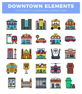 Downtown elements icons on a white background. Stock Illustration