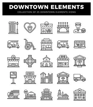 Downtown elements icons on a white background. Stock Illustration