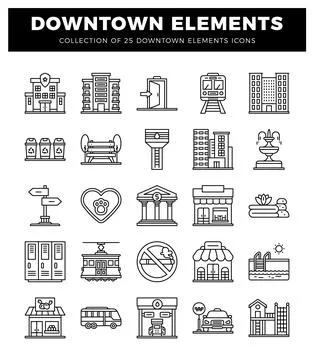Downtown elements icons on white background. Stock Illustration