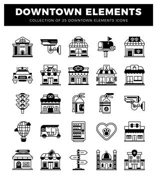 Downtown Elements lineal filled Icons Stock Illustration