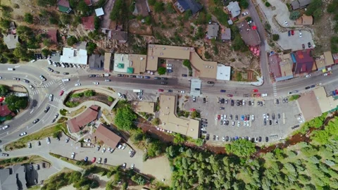 Downtown Evergreen small mountain town aerial drone birdseye view main street Stock Footage 340963749