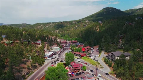 Downtown Evergreen small mountain town aerial drone view main street business Stock Footage 340963773