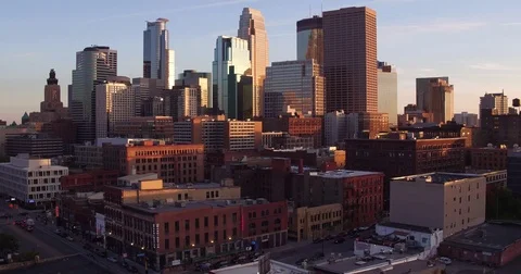 Downtown Fall Sunset from North East Minneapolis Slow Pan. Stock Footage