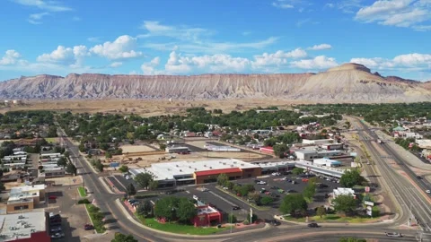 Downtown Grand Junction Book Cliffs Mesa Clifton aerial drone Colorado Stockbeeldmateriaal 344389581