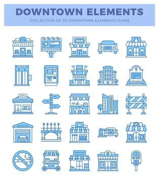 Downtown icon collection with blue linear graphic elements. Stockillustratie