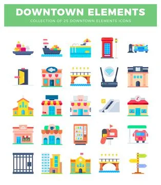 Downtown icon collection with city elements on white 스톡 일러스트