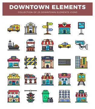 Downtown icon collection with city elements. transportation. and buildings. Stock Illustration